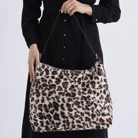 Leopardenmuster-Fellimitat-Tasche, 46x11x35 cm, Braun-Beige