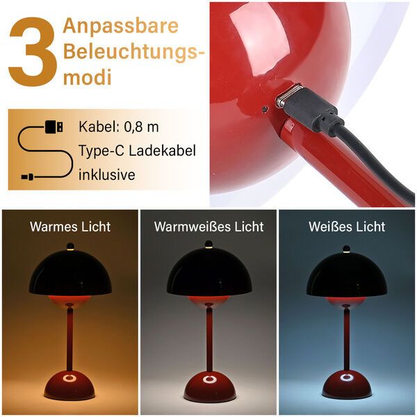 Kabellose Tischlampe im minimalistischen Retro-Pilzdesign &ndash; Touch-Steuerung, weinrot image number 4
