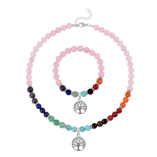 2er Set - Lebensbaum Anhänger Set mit Mehrfarbigen und Rosenquarz Edelsteinperlen Halskette und Armband image number 0