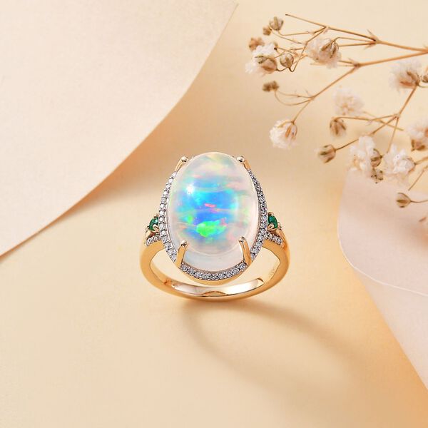 AAAA Natürlicher, äthiopischer Welo Opal, Diamant und kolumbianischer Smaragd-Ring in 585 Gold - 9,01 ct. image number 9