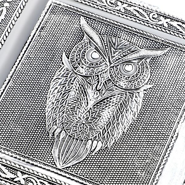 2er-Set – Oxidierte 20x13,5x7cm Aluminium-Schmuckbox und 16x9,5x3,8cm Perlen-Box, Eulen-Prägung, Silber und Multi image number 4