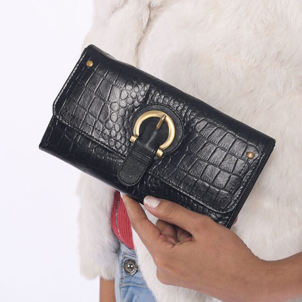 Echtleder Portemonnaie mit Krokopr&auml;gung und RFID-Schutz, 19,5x11,45 cm, schwarz image number 2