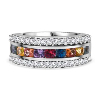 AAA Mehrfarbiger Saphir, Wei&szlig;er Zirkon Ring, 925 Silber rhodiniert, (Gr&ouml;&szlig;e 19.00) ca. 1.90 ct