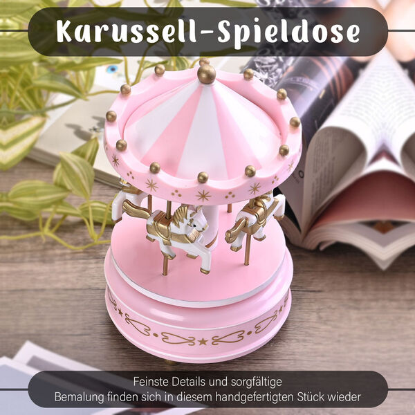 4-Pferde Holz Karussell Spieluhr, Gr&ouml;&szlig;e 18x10 cm, Rosa image number 1