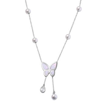 Wei&szlig;er Kristall, Wei&szlig;e Muschelkernperle Halskette ca. 50 cm Reiner Edelstahl