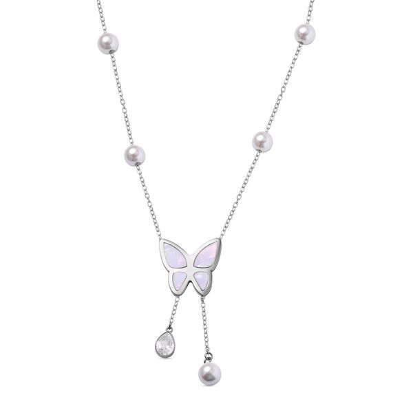 Wei&szlig;er Kristall, Wei&szlig;e Muschelkernperle Halskette ca. 50 cm Reiner Edelstahl