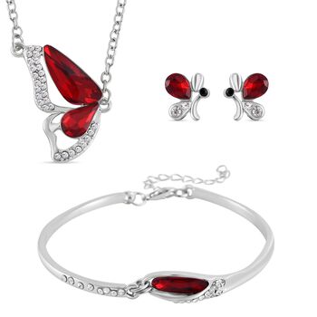 3er Set - Roter Kristall, Schwarzer Kristall Schmetterling Halskette (ca. 50 cm + 5 cm Extender), Armband (ca. 19 cm + 5 cm Extender) und Ohrringe