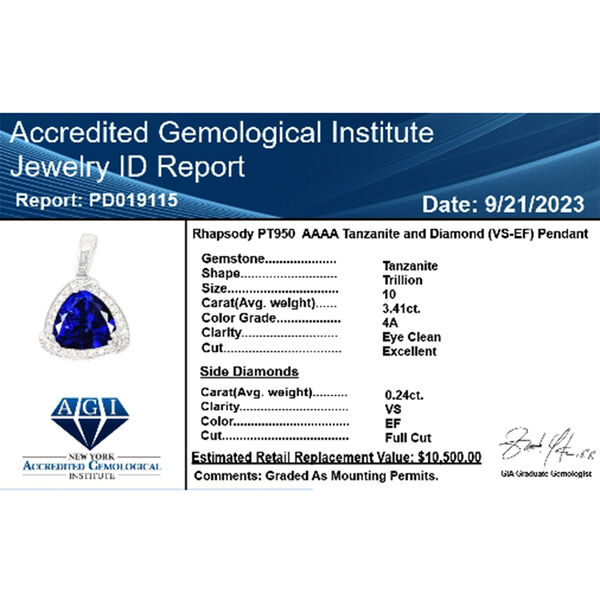 Chairman's Vault Kollektion- RHAPSODY AAAA Tansanit und VS EF Diamant Anhänger in 950 Platin- 4,41 ct. (Lieferzeit: 12-15 Tage) image number 10