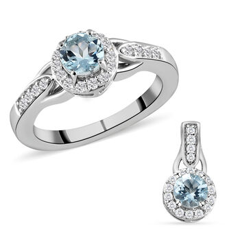 2er-Set, Espirito Santo Aquamarin und Zirkon-Ring mit Anh&auml;nger, 925 Silber platiniert ca. 1,37 ct