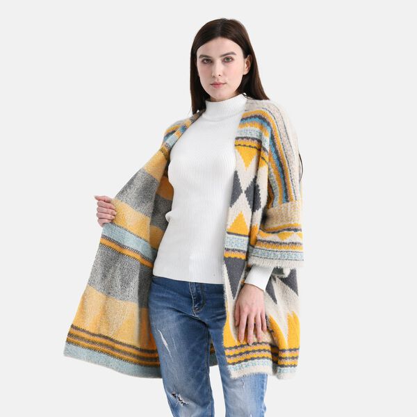 Cardigan mit grafischem Rautenmuster und Taschen, Einheitsgröße, Sonnengelb image number 5