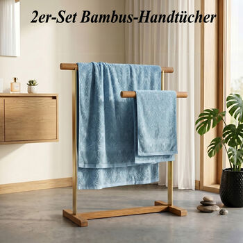 2er Set Bambus Handt&uuml;cher, Bambusschlinge, Baumwollbasis, Blau