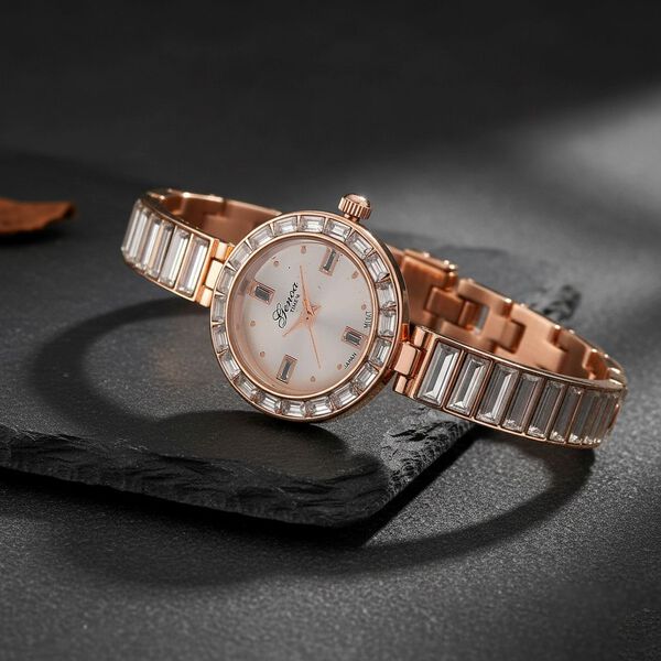 GENOA Time V2, Wei&szlig; diamantfarbene Zirkonia, Kristalluhr, japanisches Uhrwerk, 316L Edelstahl, Rosa image number 2