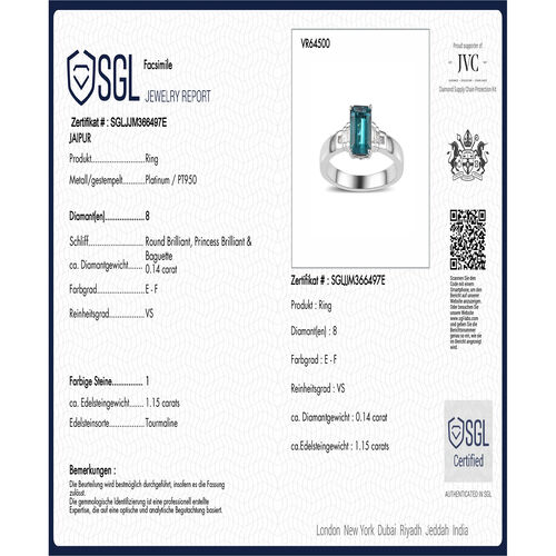 RHAPSODY - AAAA Pirineu Lagunen Turmalin, Weißer Diamant SGL zertifiziert Ring 950 Platin (Größe 20.00) ca. 1.19 ct image number 9