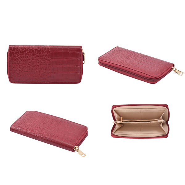 Passage - 4er-Set, Handtasche, Crossbody Tasche, Clutch und Brieftasche mit Kroko-Pr&auml;gung, Blumenmuster, Burgunderrot image number 6