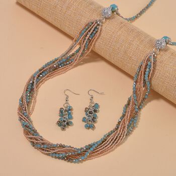 2er Set mehrschichtiger Halsketten und Ohrringe, Blaue, braune und champagnerfarbene Kristallperlen und wei&szlig;e Kristalle