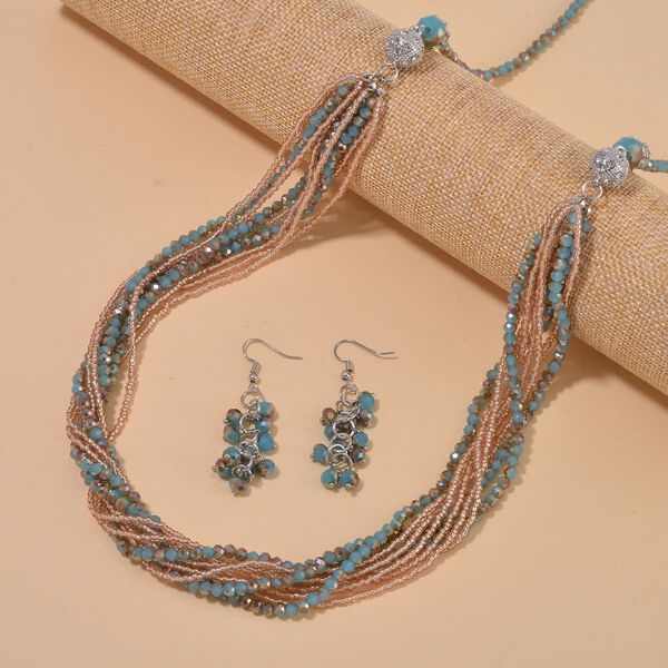 2er Set mehrschichtiger Halsketten und Ohrringe, Blaue, braune und champagnerfarbene Kristallperlen und wei&szlig;e Kristalle image number 2