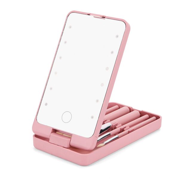 5-teiliges Reise-Makeup-Pinselset mit Spiegel, 16x8,9x2,6cm, rosa image number 4