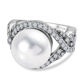 GP Regina Kollektion - Weiße Perle, Kanchanaburi Blauer Saphir Ring, 925 Silber platiniert (Größe 21.00) ca. 10.25 ct
