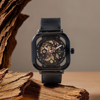 GENOA TIME V2 42mm Automatische Mechanikuhr - Schwarzes hohles Zifferblatt, Geh&auml;use aus Legierung mit IPS-Beschichtung, Edelstahl-Mesh-Armband, 3 ATM wasserdicht, 8.5 cm, schwarz