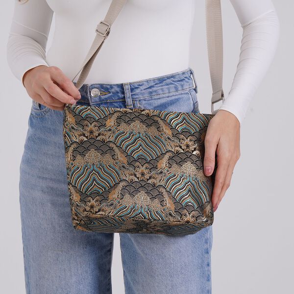 Jacquard-Tasche aus Poly-Satin mit Futter und Rei&szlig;verschluss, Innentasche, gold image number 3