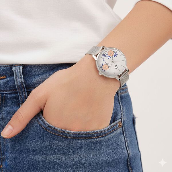 STRADA Uhr mit Japanischem PC21S Werk, Edelstahl-Mesharmband Silberfarben, florales Zifferblatt Wei&szlig; mit Wei&szlig;em Kristall image number 3