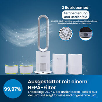 5 in 1 Luftdoktor - Luftreiniger/Ventilator ohne L&uuml;fterfl&uuml;gel mit HEPA Filter, Wei&szlig; und Silber