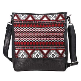Crossbody Bag mit Krokoprägung aus echtem Leder und Jacquard mit Laptop-Hüllen, schwarz