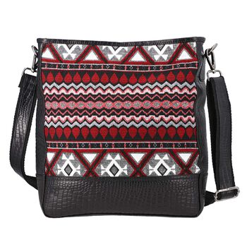 Crossbody Bag mit Krokopr&auml;gung aus echtem Leder und Jacquard mit Laptop-H&uuml;llen, schwarz
