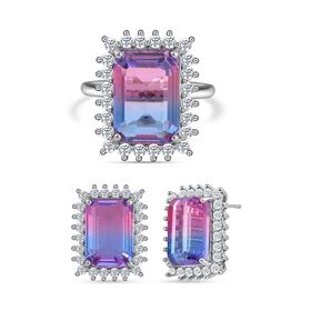 2er Set - Rosa Turmalin Glas, weißer Zirkonia Ring und Ohrringe Set, Reines Messing