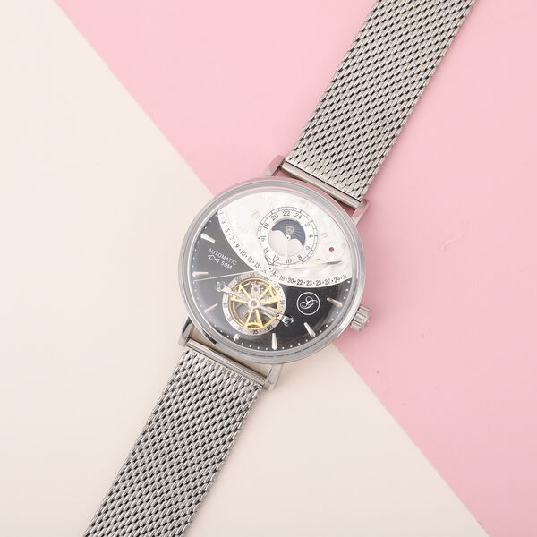 GENOA - Mondphasenuhr mit Schwungrad, Automatikwerk, schwarzes Ziffernblatt mit Milanese Armband im Silberton, wasserdicht image number 1