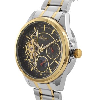 GENOA TIME V2 - Automatik-Armbanduhr, Mechanisches Uhrwerk, Edelstahlarmband, bicolor, Schwarzes Zifferblatt