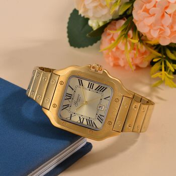 GENOA - Elegante Japan-Uhr mit Datumsfunktion, IPS-versilbertem Geh&auml;use, r&ouml;mischen Ziffern, Edelstahlarmband, 3 ATM Wasserdichtigkeit, 20 cm, vergoldet