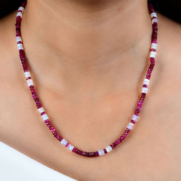Afrikanischer Rubin (Fissure gef&uuml;llt), Nat&uuml;rlicher, &auml;thiopischer Welo Opal Halskette ca. 45 cm 925 Silber rhodiniert ca. 60.40 ct image number 3