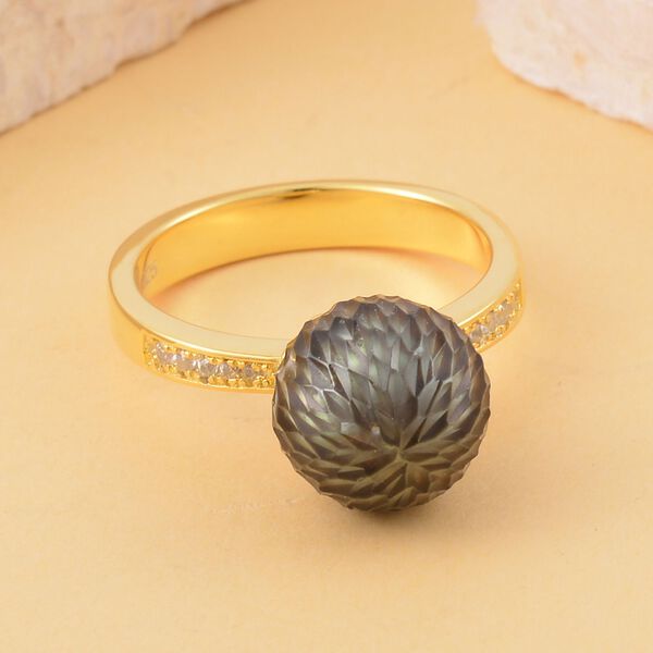 Handgeschnitzter 11-12mm Tahiti-Perle und Zirkon-Ring, 925 Silber Gelbgold Vermeil - 0,13 ct. image number 2