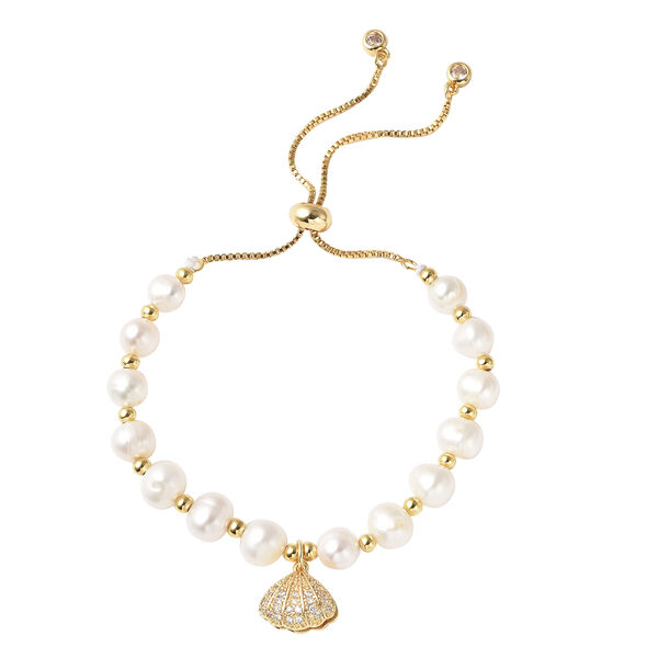 Wei&szlig;es S&uuml;&szlig;wasserperlen- und wei&szlig;es, k&uuml;nstliches Diamant-Armband, 16.5 cm, Messing