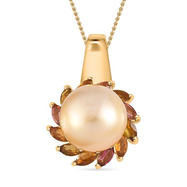 AA goldener S&uuml;dseeperle und mehrfarbiger Turmalin-Anh&auml;nger mit 50cm Kette - 6,58 ct.