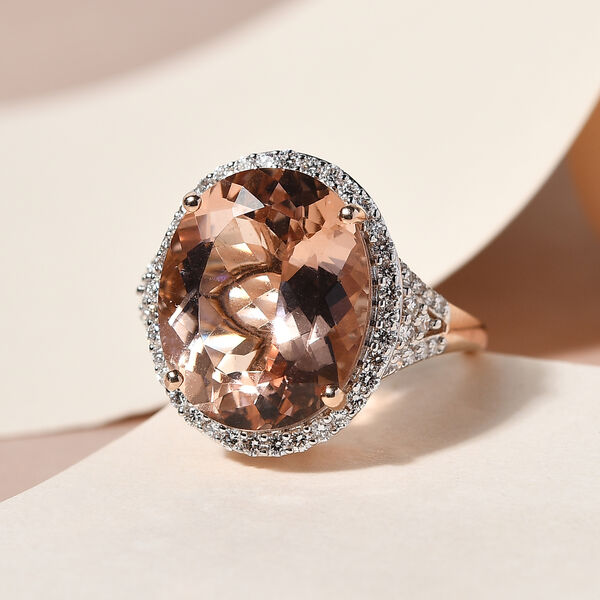AAA Morganit und Diamant-Halo-Ring, I1-I2 G-H, 585 Gelbgold, 12,17 ct. image number 2