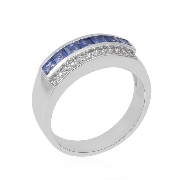 Blauer Saphir und Natürliches weißer Zirkon Ring 925 Silber Platin-Überzug image number 4