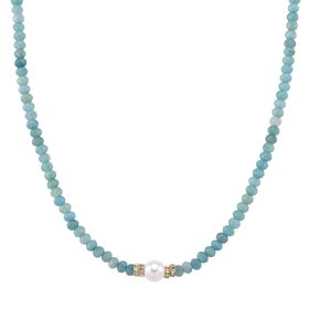 Muschelkernperle-Halskette mit Blauem Quarzit, verstellbar 40+10cm, goldfraben