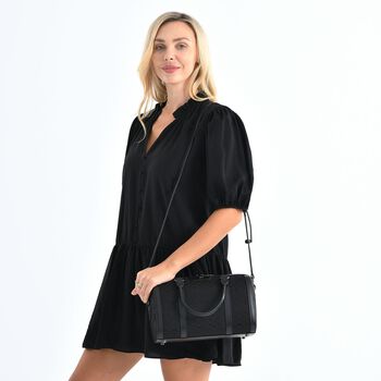 LA MAREY Brokat Crossbody Tasche aus Seide und Echtleder, 30x18x15cm, Schwarz