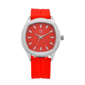 STRADA - Uhr mit japanischem Uhrwerk, silbernem Geh&auml;use und rotem Silikonarmband