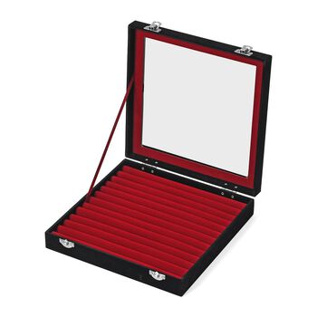 Quadratische Ringbox aus Samt mit Glasfenster und 10 Silberputzt&uuml;chern, 24x24x5 cm, Schwarz