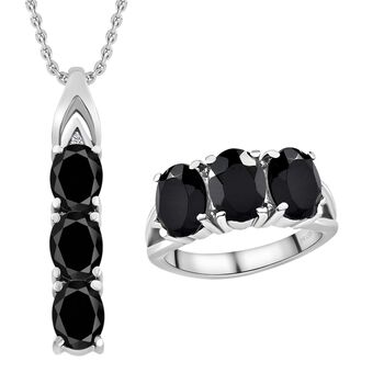 2er Set - Schwarzer Spinell Anh&auml;nger mit Kette und Ring, Edelstahl ca. 10.12 ct