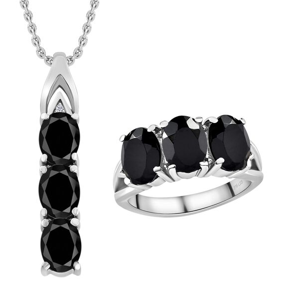 2er Set - Schwarzer Spinell Anh&auml;nger mit Kette und Ring, Edelstahl ca. 10.12 ct