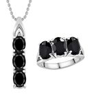 2er Set - Schwarzer Spinell Anhänger mit Kette und Ring, Edelstahl ca. 10.12 ct
