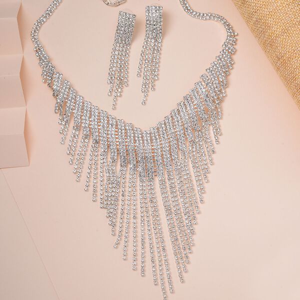 Weißer Kristall Halskette und Ohrringe Schmuckset, Messing image number 2