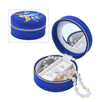 Runder Schmuckkasten mit besticktem Muster und Rei&szlig;verschluss, Gr&ouml;&szlig;e 11,3x11,3x5,6 cm, Blau