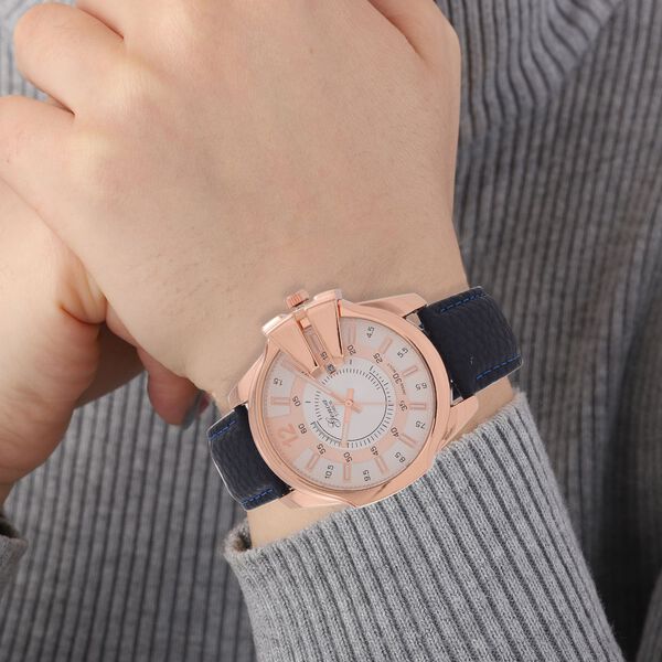 GENOA TIME V2 - Japanisches Datumswerk mit Blauem Lederarmband, Silber-Akzenten und Einzigartigem Zifferblatt-Design, Wasserdicht, 25 cm, ca. 79,00g, rosefarben image number 2