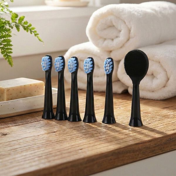 Ersatz-B&uuml;rstenk&ouml;pfe Set 6-teilig mit 5 Nylon-B&uuml;rsten und Silikon-Zungenreiniger kompatibel mit elektrischer Zahnb&uuml;rste gewellte Borstenstruktur f&uuml;r gr&uuml;ndliche Reinigung ABS Kunststoff, Schwarz image number 1