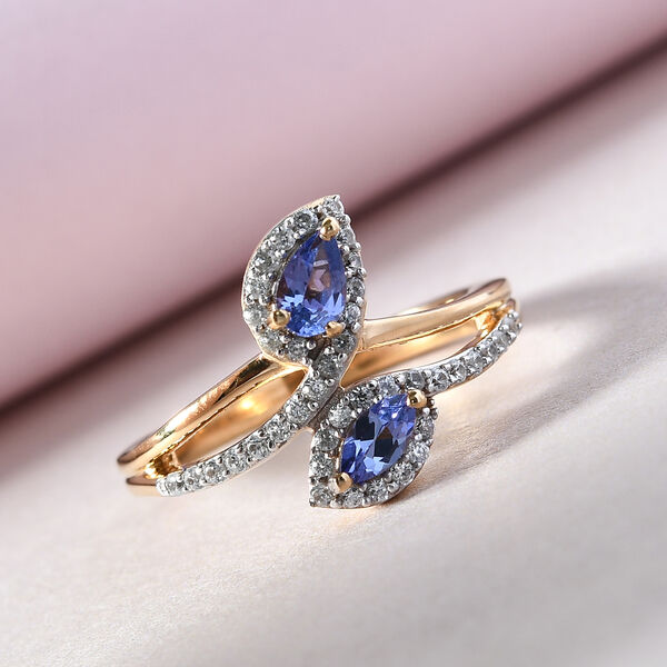 AA Tansanit und Zirkon Bypass Ring 925 Silber vergoldet  ca. 0,84 ct image number 2